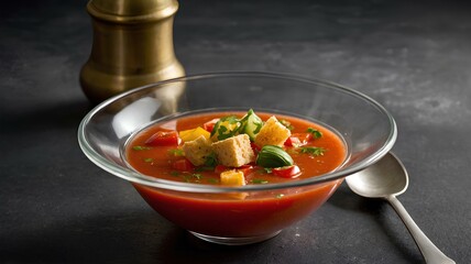 Wall Mural - A chilled Spanish soup made with blended tomatoes, cucumbers, bell peppers, and garlic, served in a glass bowl with a garnish of croutons and a drizzle of olive oil