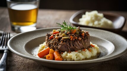 Wall Mural - A comforting British dish with a layer of savory minced lamb and vegetables, topped with creamy mashed potatoes and baked until golden