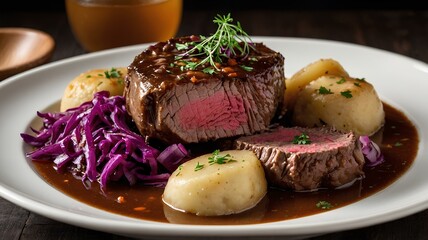 Wall Mural - A German pot roast of marinated beef, slow-cooked until tender, served with a rich gravy, red cabbage, and potato dumplings