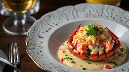 Wall Mural - A luxurious French dish with lobster meat cooked in a creamy mustard sauce, stuffed back into the shell, and topped with cheese, then broiled until golden