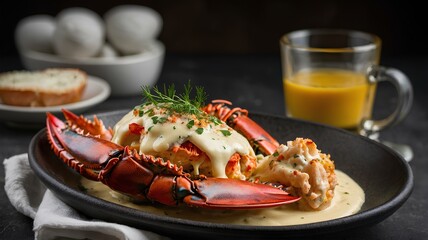 Wall Mural - A luxurious French dish with lobster meat cooked in a creamy mustard sauce, stuffed back into the shell, and topped with cheese, then broiled until golden