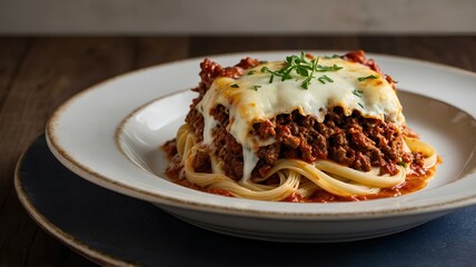 Wall Mural - A layered Italian dish with sheets of pasta, rich meat sauce, béchamel, and melted mozzarella, baked to a golden brown and served in a ceramic dish