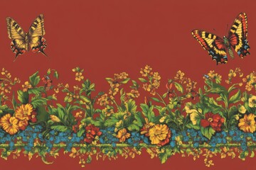 Sticker - Butterflies and flowers on a red background.