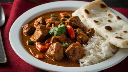 Wall Mural - A spicy Indian curry made with marinated pork, vinegar, and an array of spices, served with basmati rice and naan