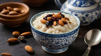 Wall Mural - An Indian rice pudding cooked with milk, sugar, and cardamom, garnished with slivered almonds and raisins