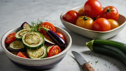 Wall Mural - A beautifully arranged French vegetable dish with thin slices of zucchini, eggplant, and tomatoes, baked with garlic and herbs