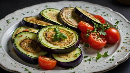 Wall Mural - A beautifully arranged French vegetable dish with thin slices of zucchini, eggplant, and tomatoes, baked with garlic and herbs