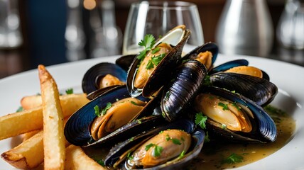 Wall Mural - A Belgian dish of steamed mussels cooked in white wine, garlic, and herbs, served with a side of crispy golden fries