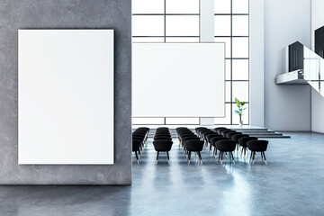 Sticker - Modern auditorium interior with blank posters and black chairs. 3D Rendering