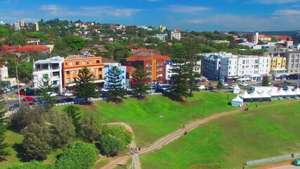 Wall Mural - Aerial view of Bondi Beach buildings along the coast on a sunny morning, Sydney, Australia