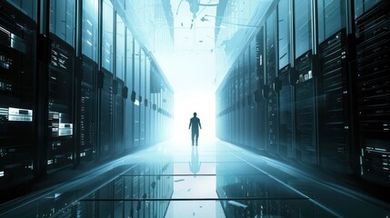 Poster - A lone figure walks down a long hallway of server racks, with bright light at the end.