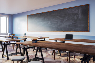 Wall Mural - Classroom with wooden desks, large chalkboard, and window light. 3D Rendering