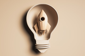 Poster - Rocket inside a lightbulb on beige background representing startup concept. 3D Rendering