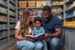 © EJManzaneque - A multiracial family of three are sitting together in a playroom reading a book.