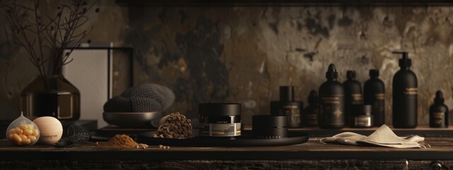 Luxury skincare and wellness products on a dark wooden surface