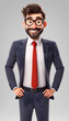 © Tetlak - A cheerful animated businessman with glasses, wearing a dark suit and a red tie, standing confidently with hands on hips against a neutral background.