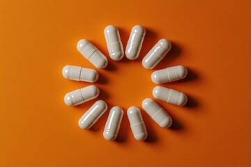 Wall Mural - Circle of white orange capsules on vibrant background