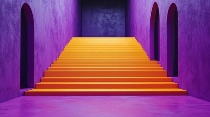 Leinwandbilder - 3D render of minimal abstract yellow stairs on a violet empty podium, a primitive architectural element for product showcase and career metaphor.
