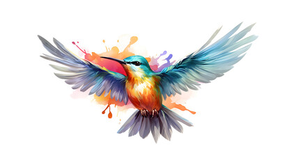 Colorful flying bird with spread wings, watercolor splash background, isolated