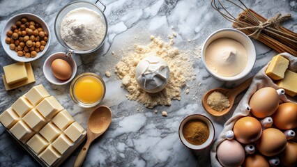 Aufkleber - Baking ingredients like brown sugar, butter, flour, eggs, and milk being mixed with utensil on a marble table, baking, pastry
