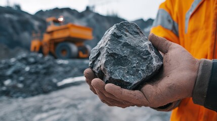 Close-up of a mine engineer hands holding a rock sample, with mining equipment in the background