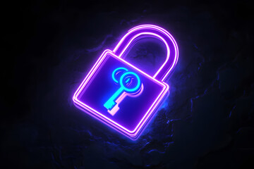 Wall Mural - Neon purple digital padlock with glowing blue keys isolated on black background