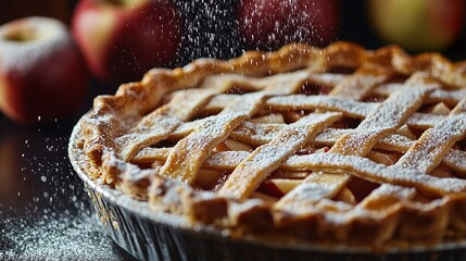 Close photo of tasty apple pie with powdered sugar on, made by a grandmother.