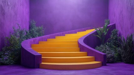 Leinwandbilder - 3D render of abstract minimal yellow stairs isolated on a violet podium for product display showcase architectural element primitive shape.