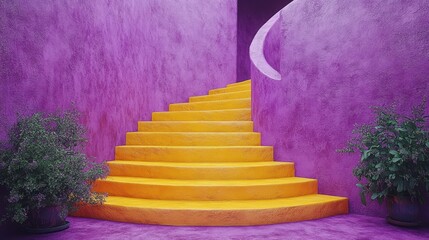 Leinwandbilder - 3D render of abstract minimal yellow stairs isolated on a violet podium for product display showcase architectural element primitive shape.