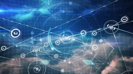 Poster - Network connections and data processing animation over hands typing on keyboard