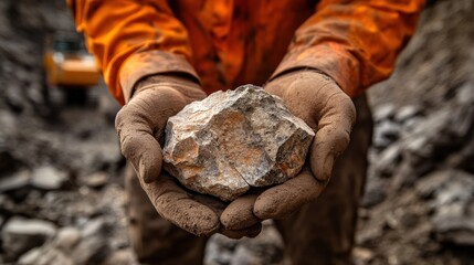 Close-up of a mine engineer hands holding a rock sample, with mining equipment in the background