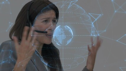 Poster - Talking on headset, woman with holographic globe and data animation over her