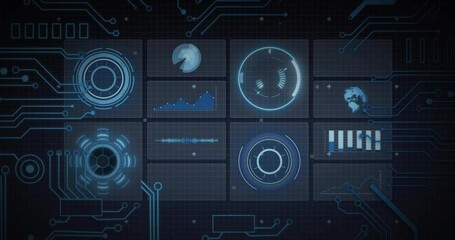 Poster - Futuristic data processing animation over circuit board background, digital interface