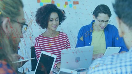 Poster - Business data analysis animation over diverse team working on laptops and tablets
