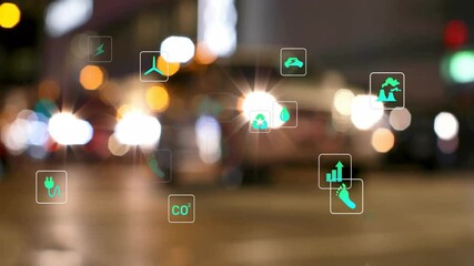Poster - Energy and environmental icons animation over blurred city street at night