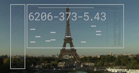 Poster - Data processing animation overlaying Eiffel Tower and Paris cityscape