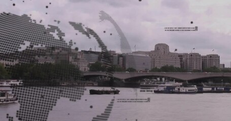 Poster - Cityscape with boats on river over digital world map animation
