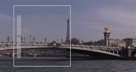 Poster - Data processing animation over bridge and Eiffel Tower in background