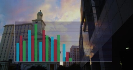 Poster - Bar chart animation over cityscape with modern and historic buildings