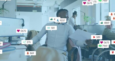 Poster - Social media notifications animation over diverse business people working in office