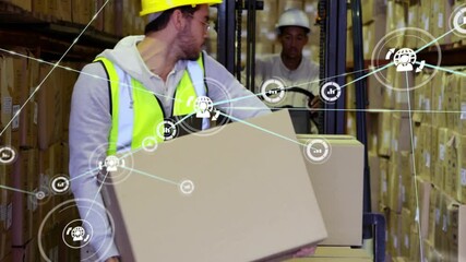 Poster - Moving boxes in warehouse, workers with network connections and data processing animation