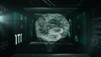 Wall Mural - Analyzing data animation with 3D brain model and scientific equations