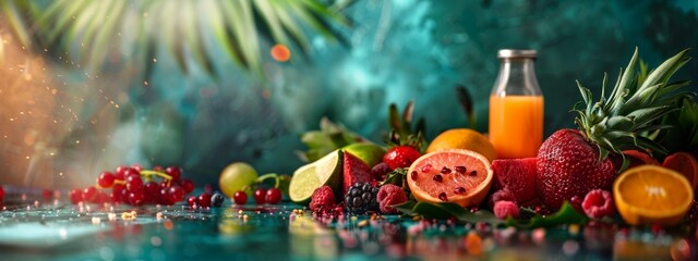 Wall Mural - Assorted fresh tropical fruits and juice in a vibrant setting