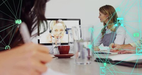 Poster - Data processing animation over business meeting with video call, network of connections