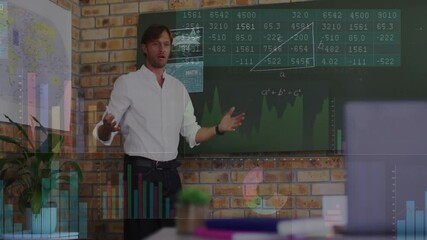 Poster - Presenting financial data, man in office with graphs and charts animation over