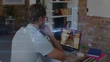 Poster - Man video conferencing on laptop, digital data processing animation over workspace