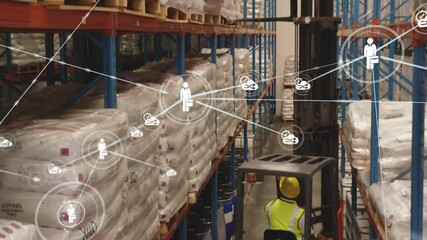 Poster - Warehouse logistics and network connections animation over worker operating forklift