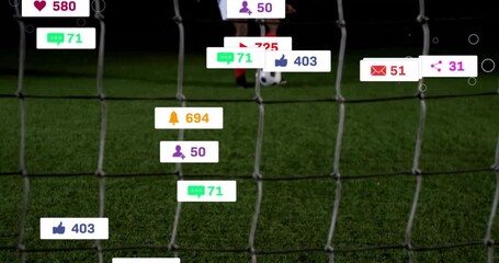 Poster - Social media notifications animation over soccer player kicking ball into goal net