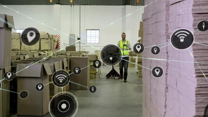 Poster - Warehouse worker moving boxes, network of connections and data animation over scene