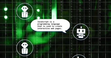 Poster - Binary code and AI robots with speech bubbles, programming language animation